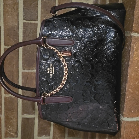 Coach Margot Patent Leather Carryall Crossbody Satchel Black Purple - Picture 2 of 10